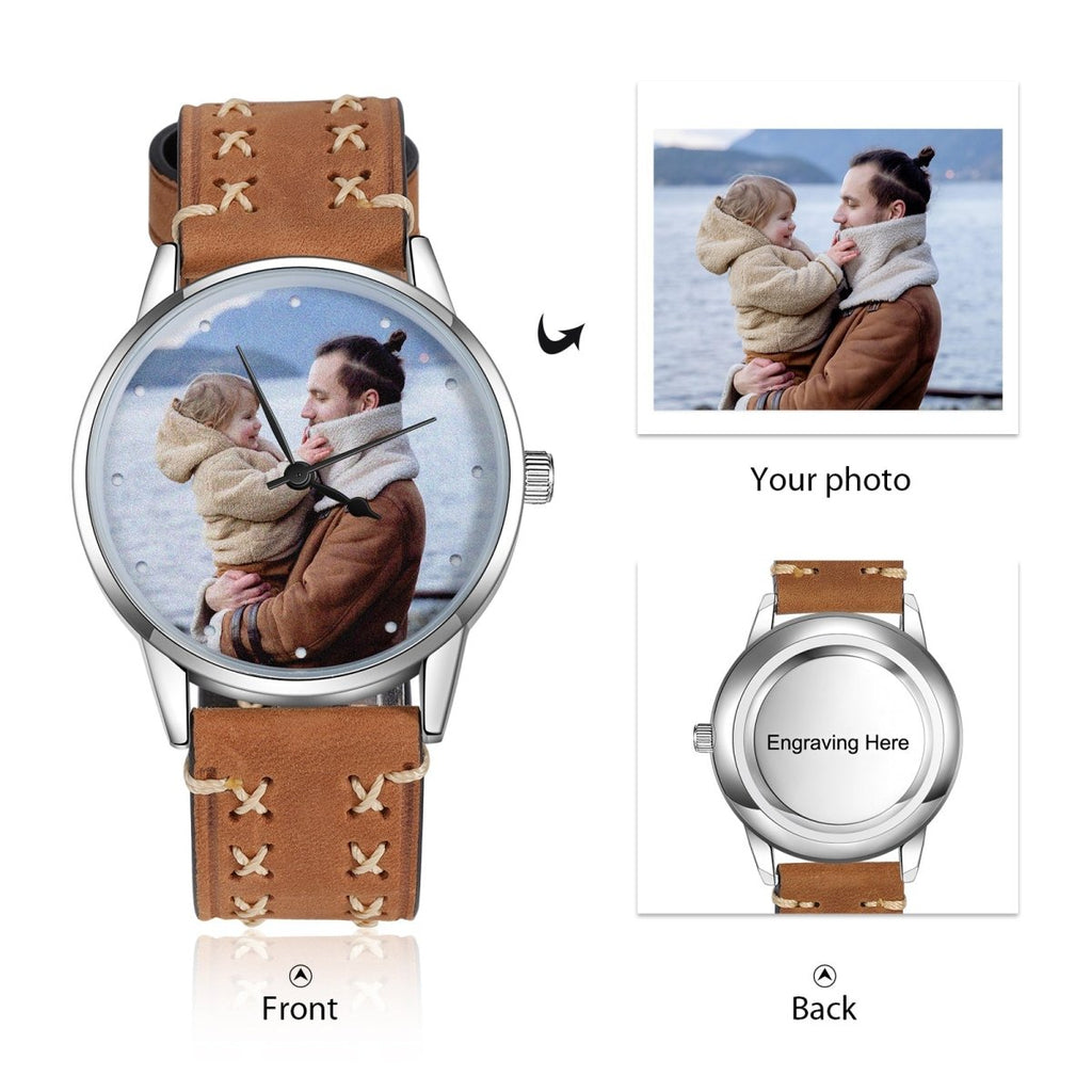 Custom Photo Watch, Personalised Watch for Men, Gift for Dad, Father's day, Photo Watch with Brown stitched Leather strap - Engraved Memories