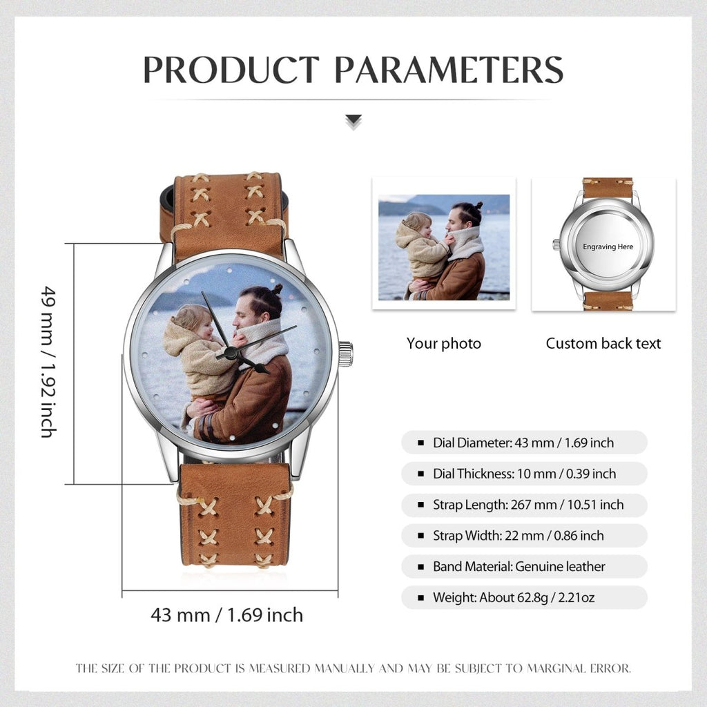 Custom Photo Watch, Personalised Watch for Men, Gift for Dad, Father's day, Photo Watch with Brown stitched Leather strap - Engraved Memories