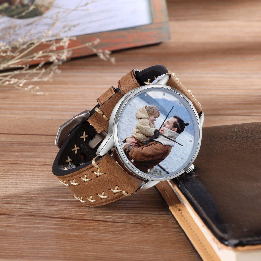 Custom Photo Watch, Personalised Watch for Men, Gift for Dad, Father's day, Photo Watch with Brown stitched Leather strap - Engraved Memories