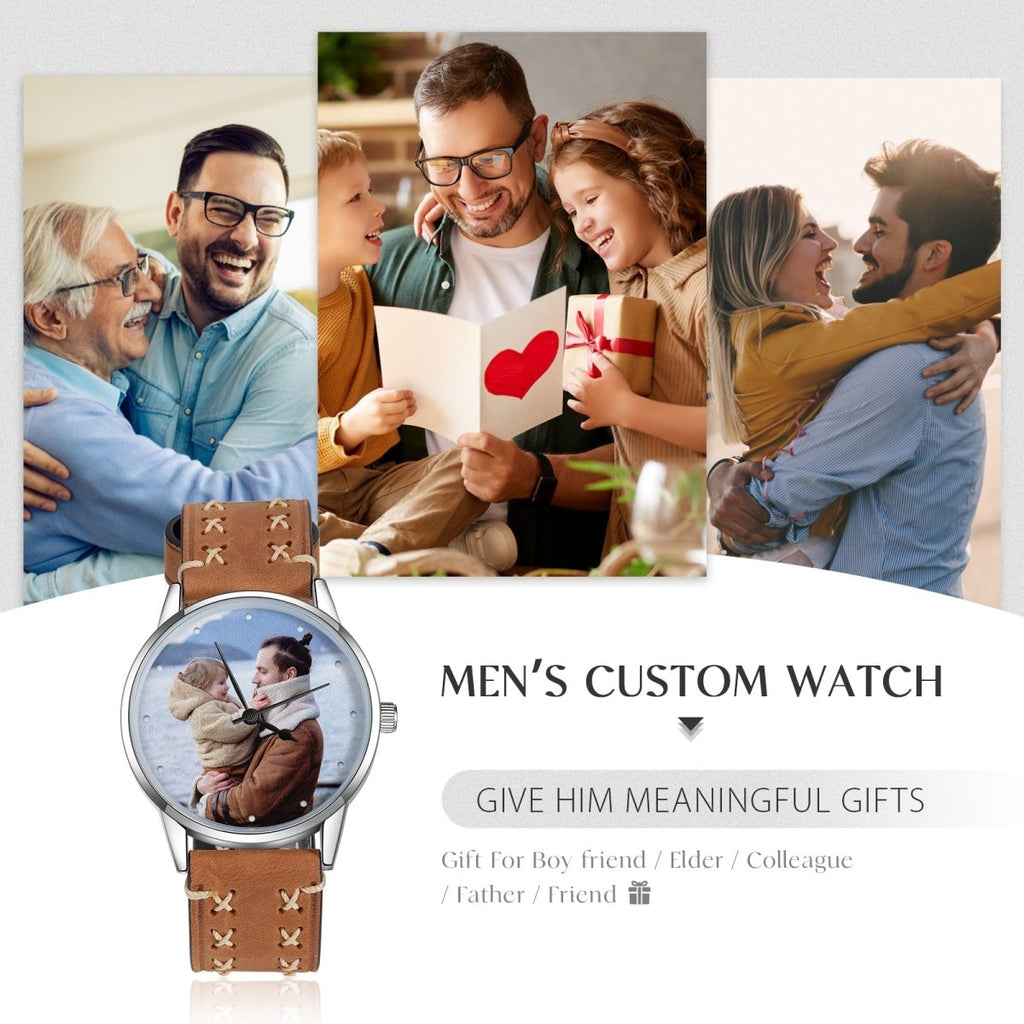 Custom Photo Watch, Personalised Watch for Men, Gift for Dad, Father's day, Photo Watch with Brown stitched Leather strap - Engraved Memories