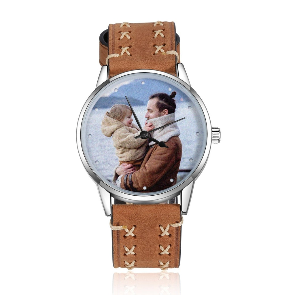 Custom Photo Watch, Personalised Watch for Men, Gift for Dad, Father's day, Photo Watch with Brown stitched Leather strap - Engraved Memories