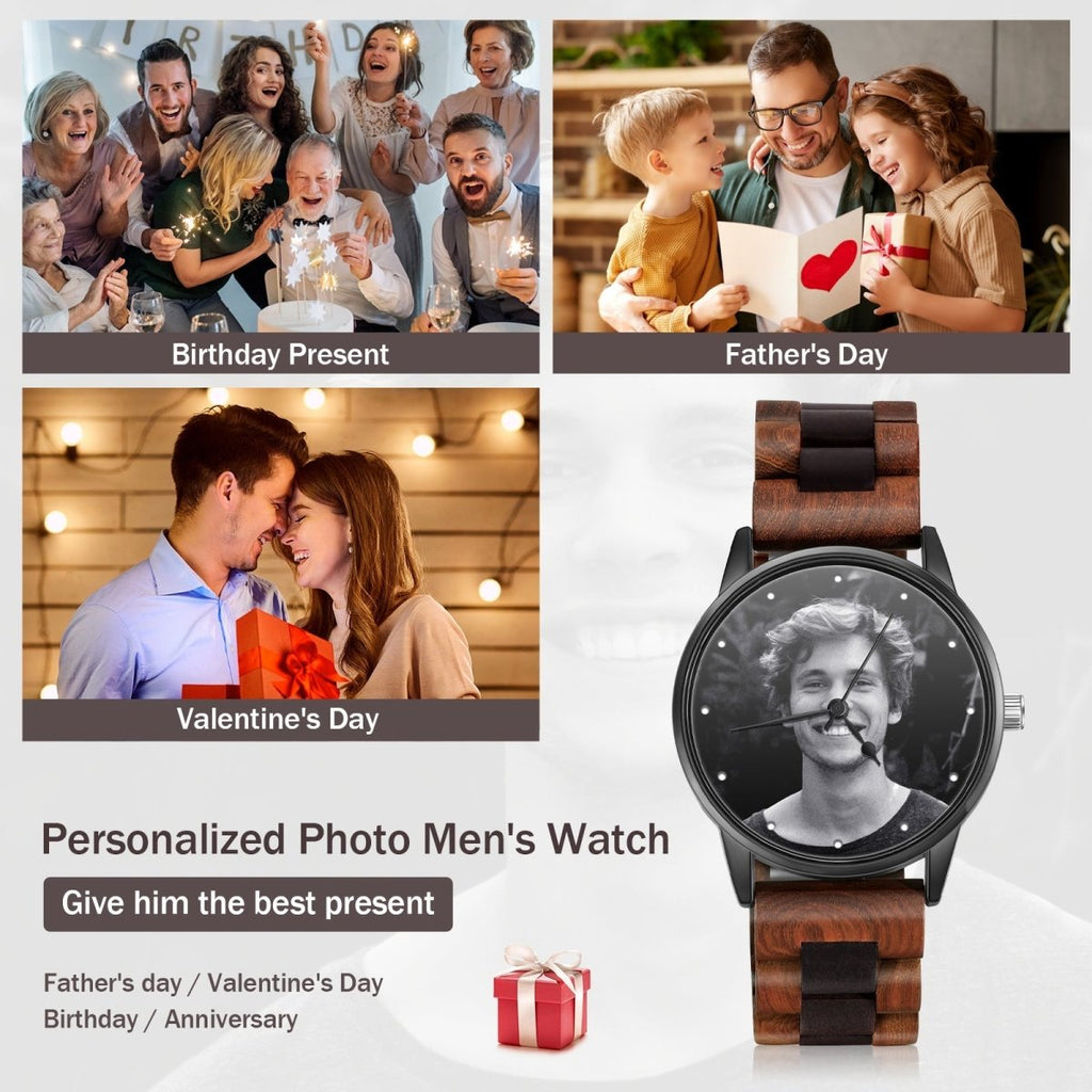 Custom Photo Watch, Personalised Watch for Men, Gift for Dad, Father's day, Photo Watch with Genuine Leather strap - Engraved Memories