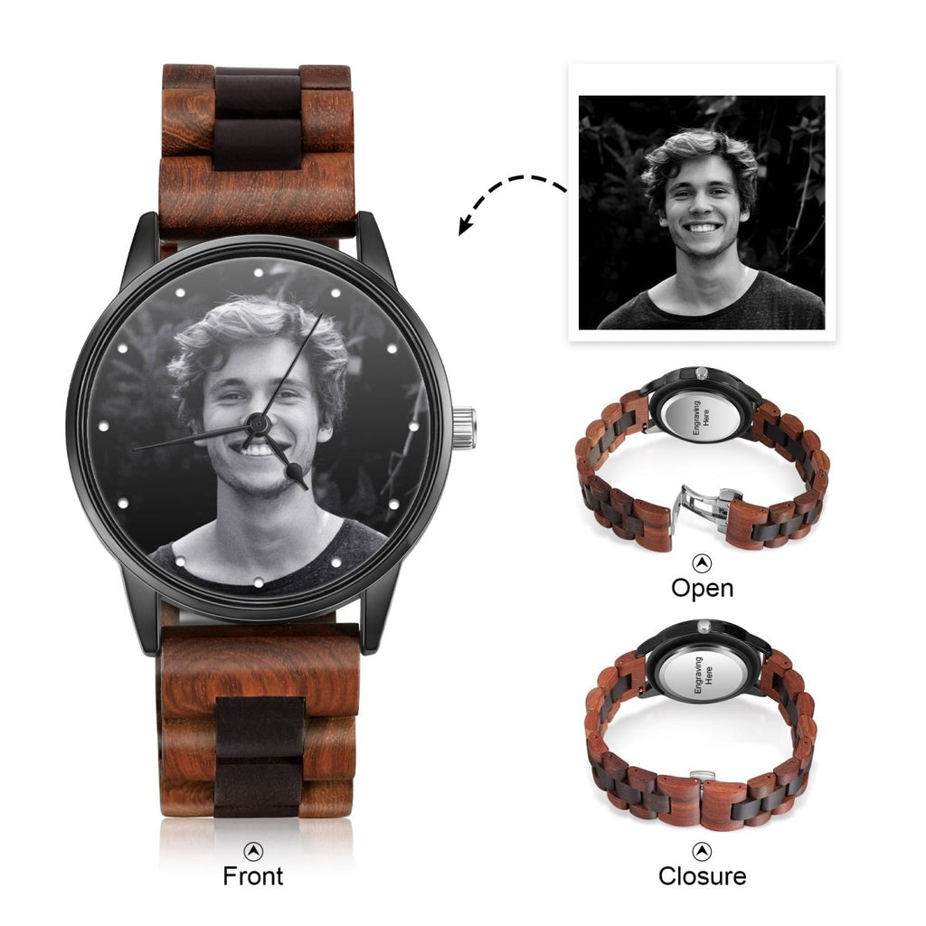 Custom Photo Watch, Personalised Watch for Men, Gift for Dad, Father's day, Photo Watch with Genuine Leather strap - Engraved Memories
