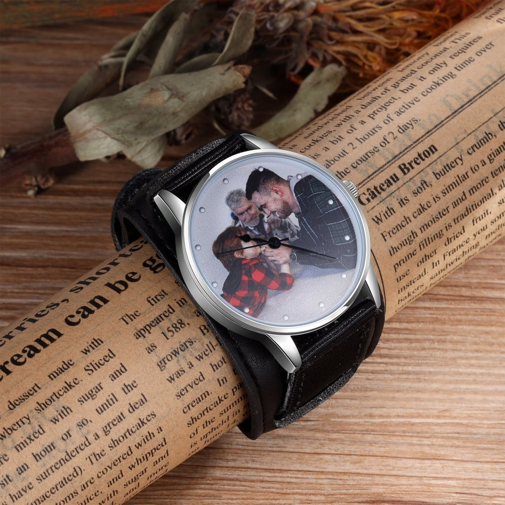 Custom Photo Watch, Personalised Watch for Men, Gift for Dad, Father's day, Photo Watch with Leather strap - Engraved Memories