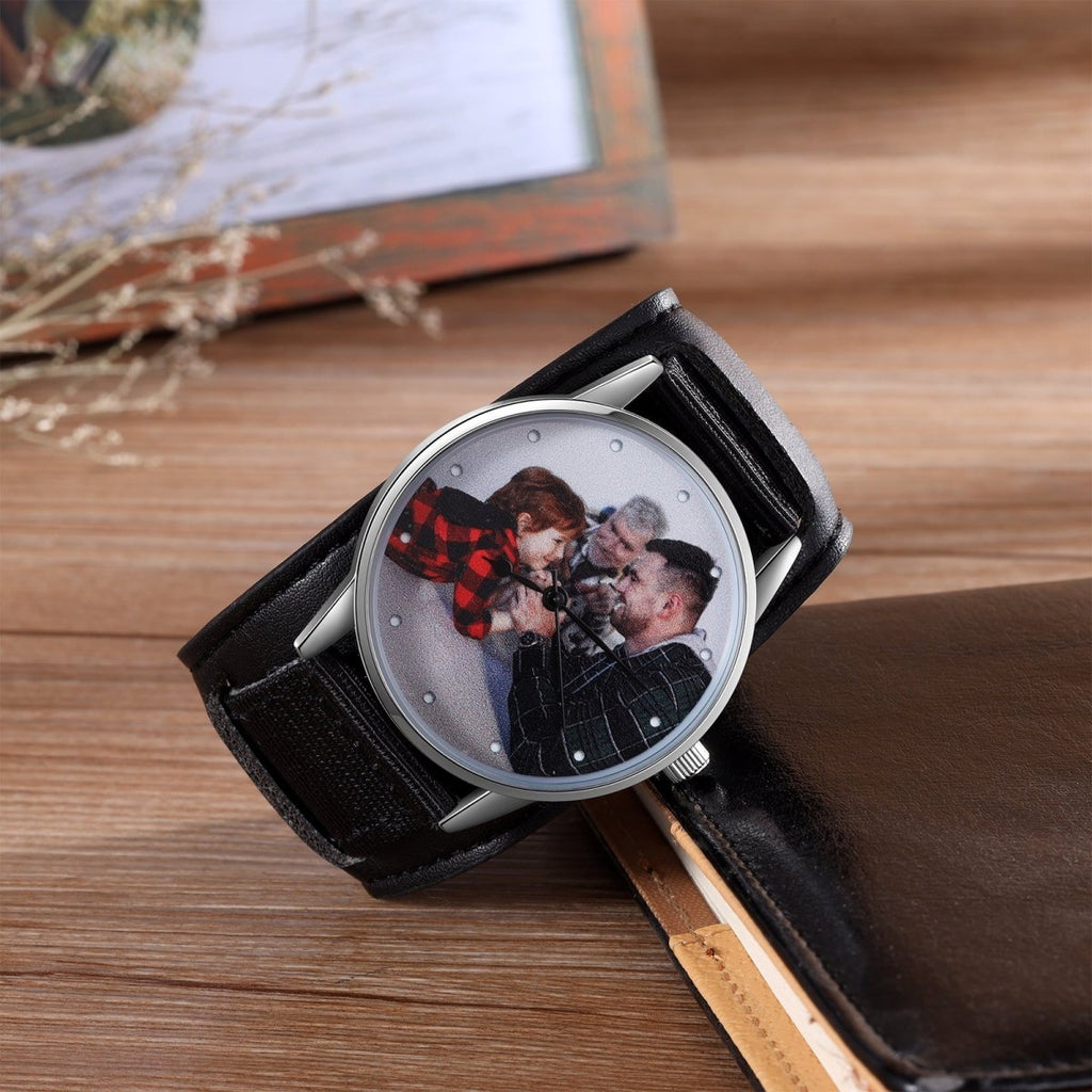 Custom Photo Watch, Personalised Watch for Men, Gift for Dad, Father's day, Photo Watch with Leather strap - Engraved Memories