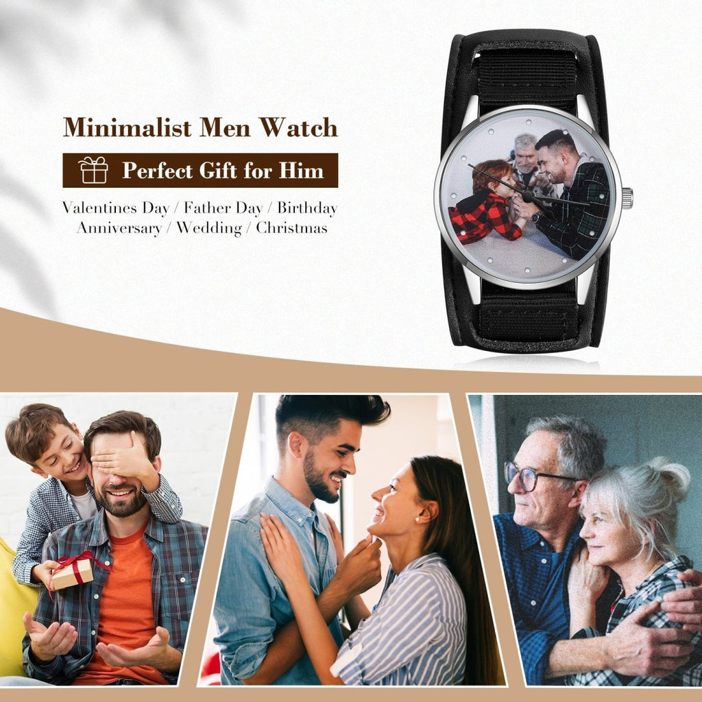 Custom Photo Watch, Personalised Watch for Men, Gift for Dad, Father's day, Photo Watch with Leather strap - Engraved Memories