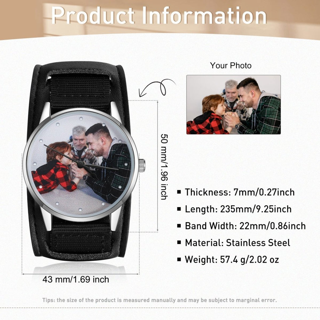 Personalized custom photo watch for men, leather strap, Father's Day gift, 50mm size