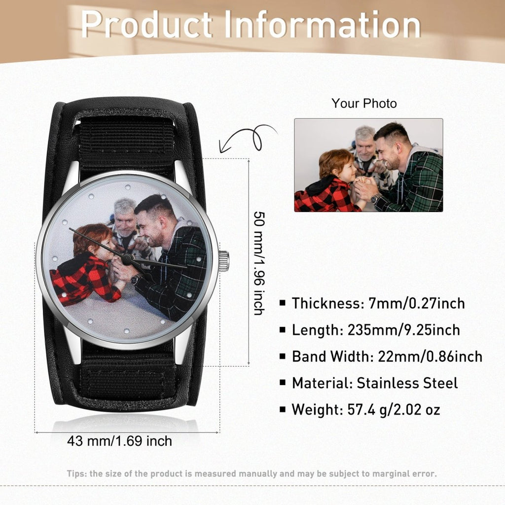 Custom Photo Watch, Personalised Watch for Men, Gift for Dad, Father's day, Photo Watch with Leather strap - Engraved Memories