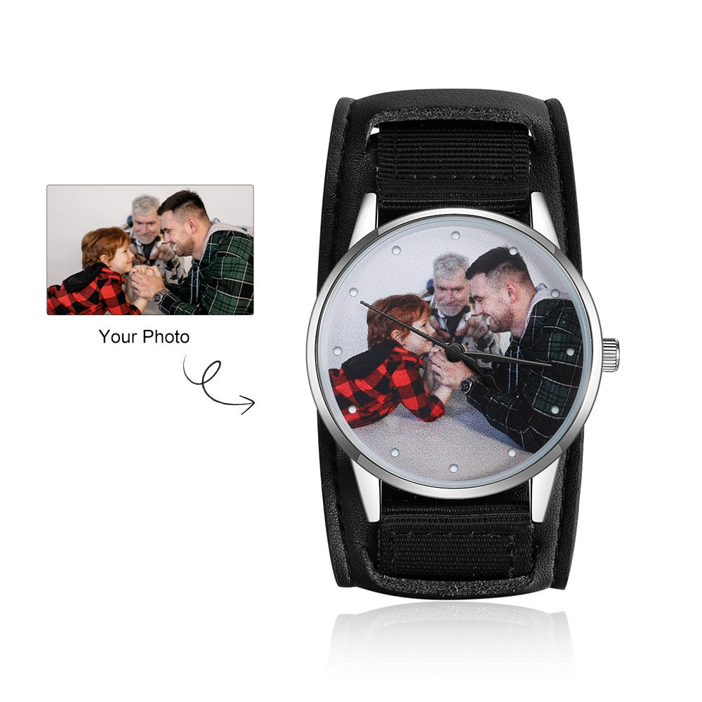 Personalized custom photo watch for men, leather strap, Father's Day gift, 50mm size