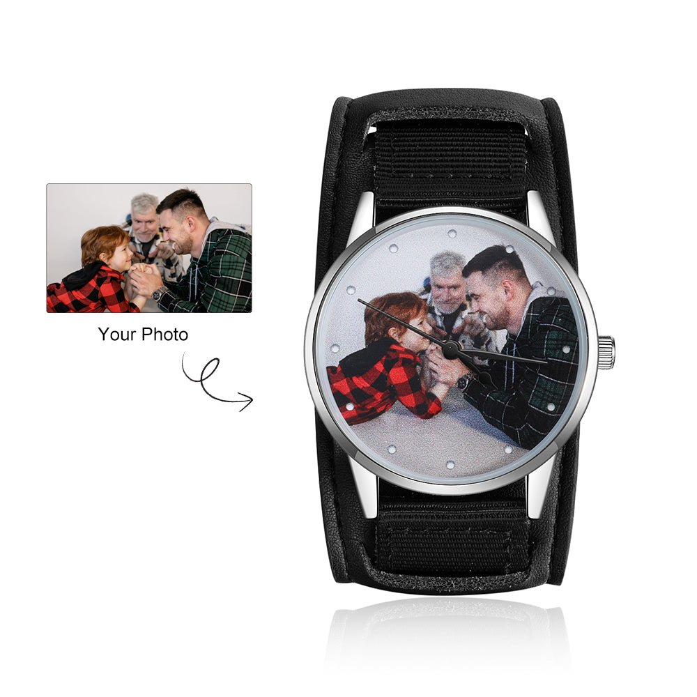 Custom Photo Watch, Personalised Watch for Men, Gift for Dad, Father's day, Photo Watch with Leather strap - Engraved Memories