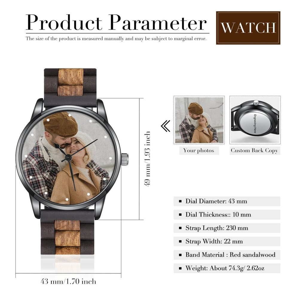 Custom Photo Watch, Personalised Watch for Men, Gift for Dad, Father's day, Photo Watch with Red Sandal Wood Strap - Engraved Memories