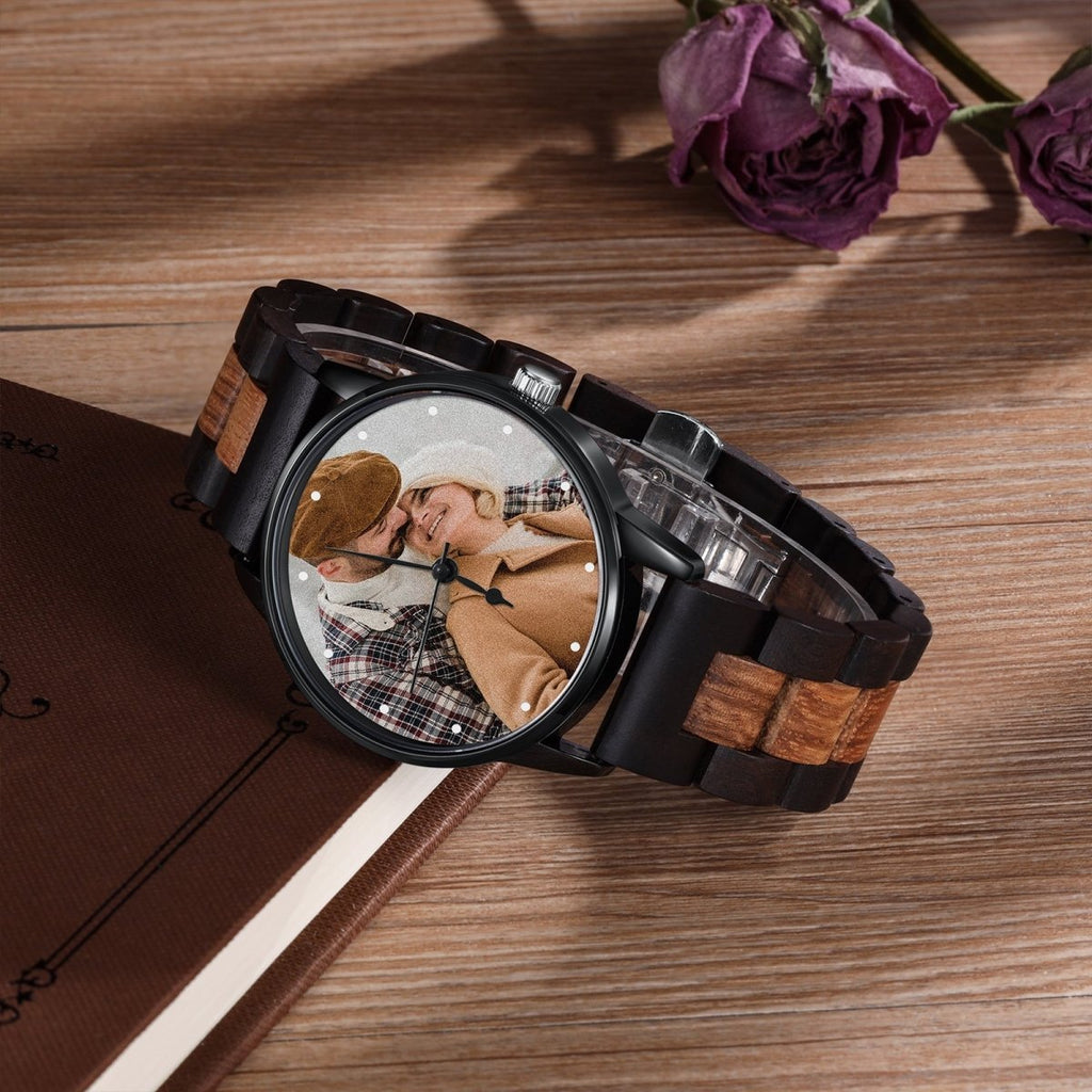 Personalized custom photo watch for men, red sandalwood strap, Father's Day gift, 49*43mm size.