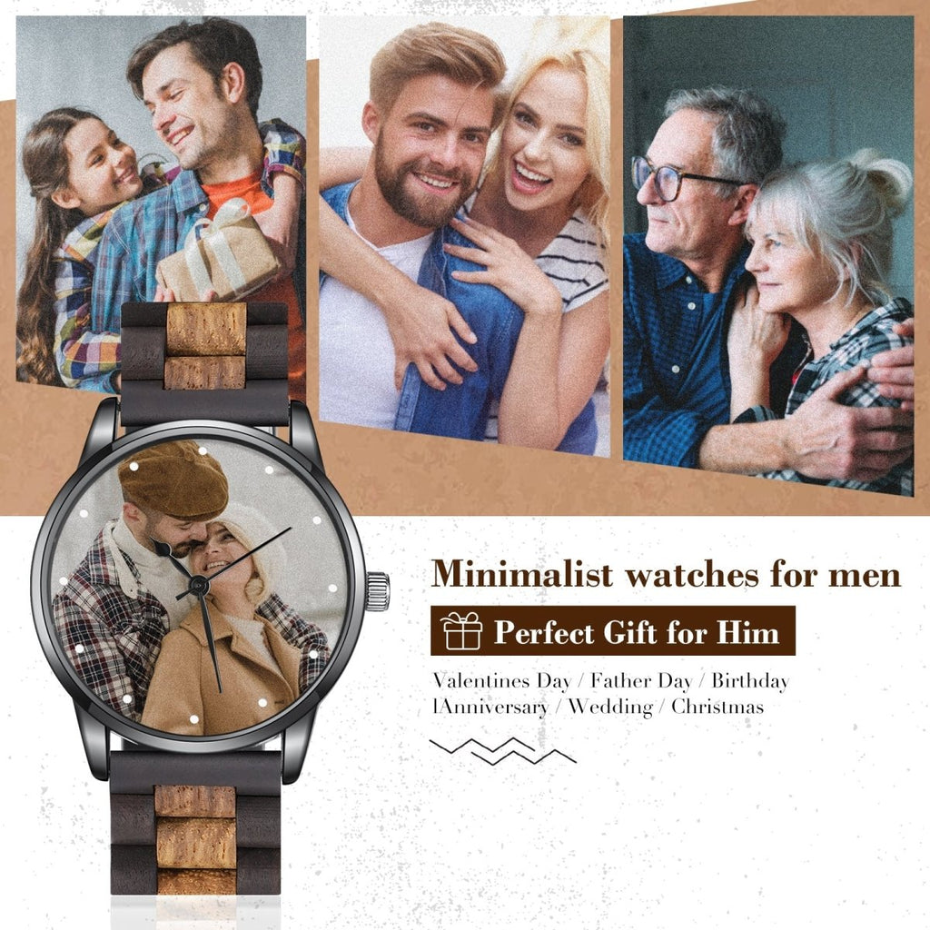 Personalized custom photo watch for men, red sandalwood strap, Father's Day gift, 49*43mm size.