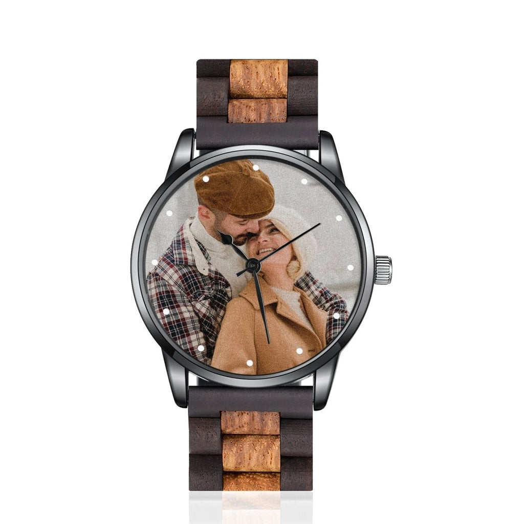 Custom Photo Watch, Personalised Watch for Men, Gift for Dad, Father's day, Photo Watch with Red Sandal Wood Strap - Engraved Memories