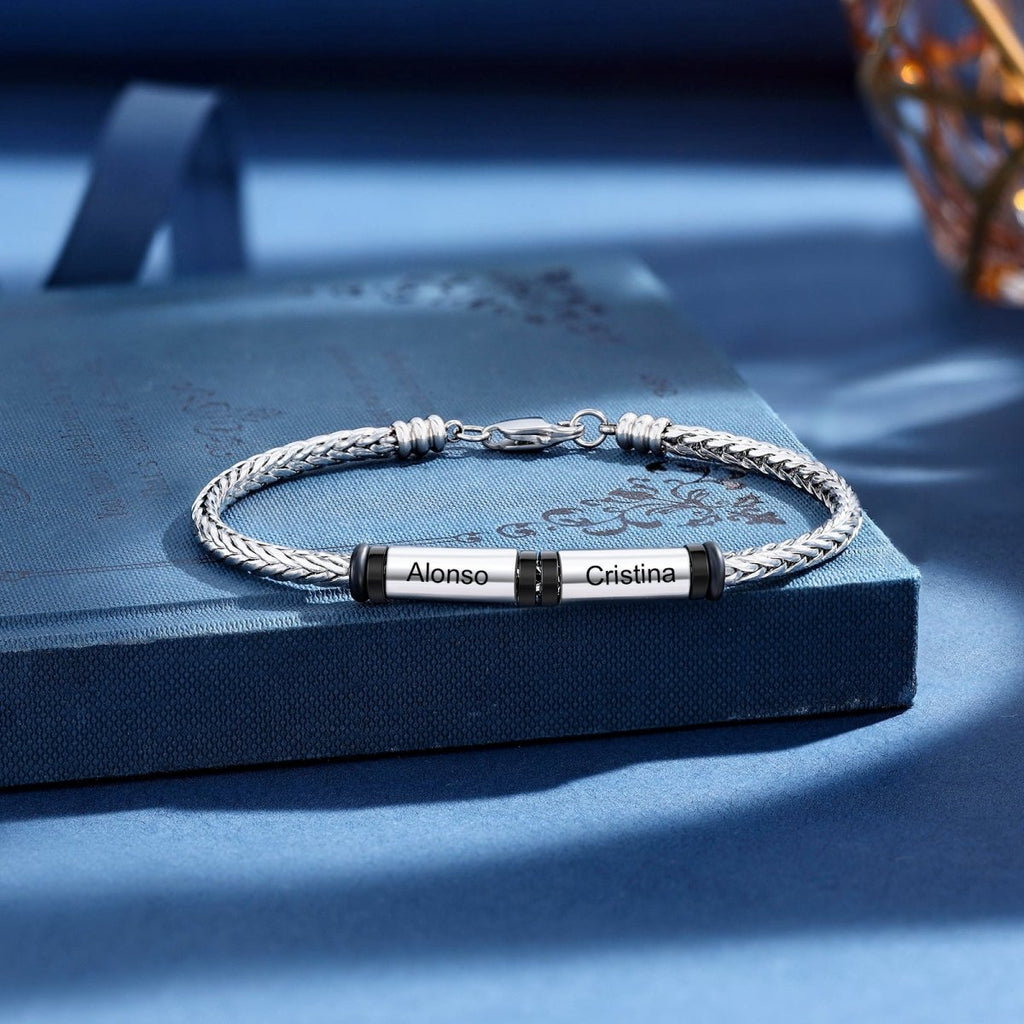 Personalized stainless steel men's bracelet, white gold plated, 21cm length, 16.2g weight, perfect Father's Day gift.