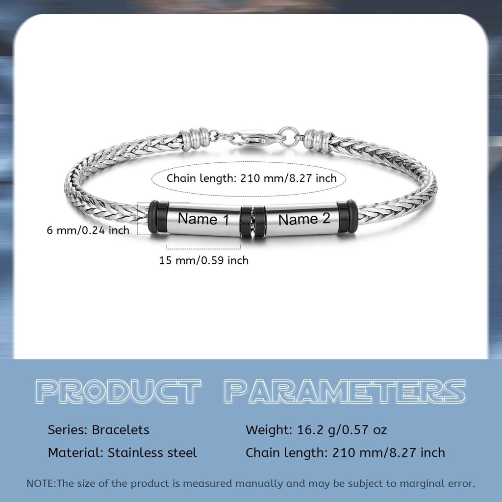 Personalized stainless steel men's bracelet, white gold plated, 21cm length, 16.2g weight, perfect Father's Day gift.