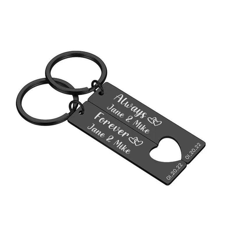 Personalized stainless steel couple keychain, black color, 3338mm/357mm size, 16.1g weight, a meaningful gift for any special occasion.