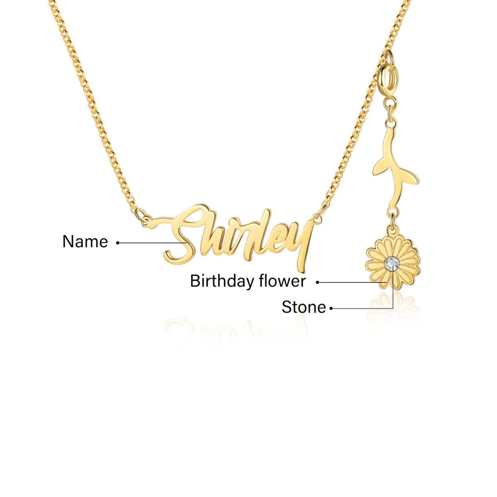 Cutout name necklace with birthflower design, gold, white gold, or rose gold plated, copper, 45+5cm, 4.5g.