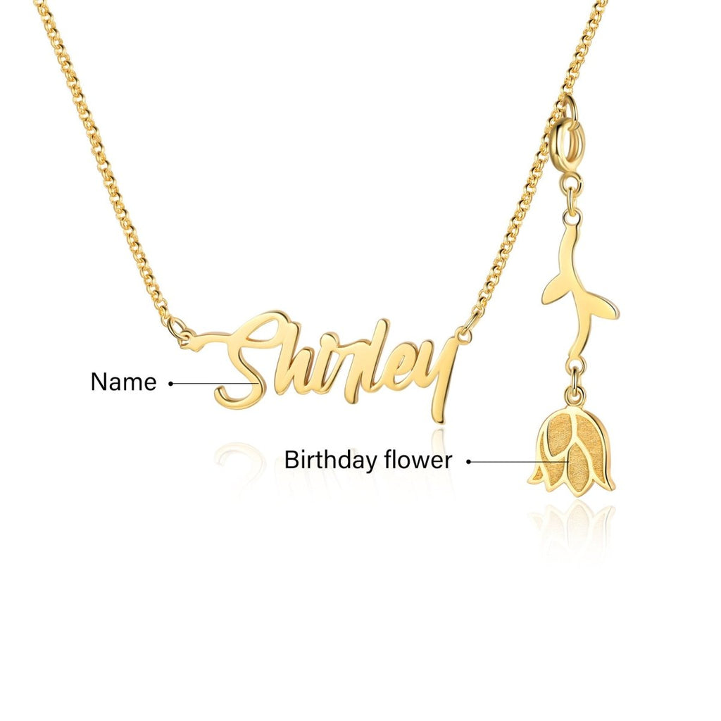 Cutout name necklace with birthflower design, gold, white gold, or rose gold plated, copper, 45+5cm, 4.5g.