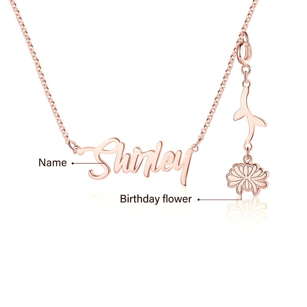 Cutout name necklace with birthflower design, gold, white gold, or rose gold plated, copper, 45+5cm, 4.5g.