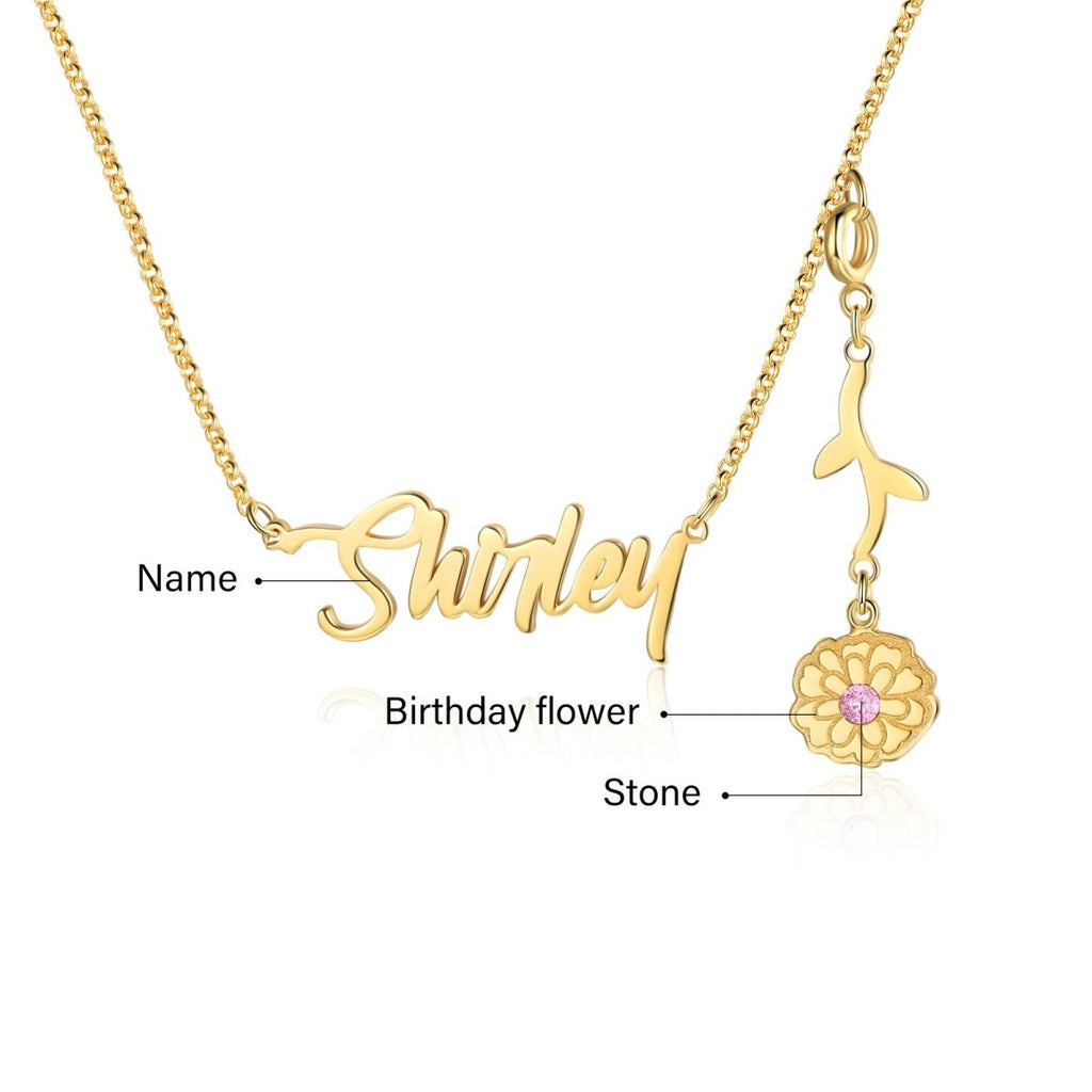 Cutout name necklace with birthflower design, gold, white gold, or rose gold plated, copper, 45+5cm, 4.5g.