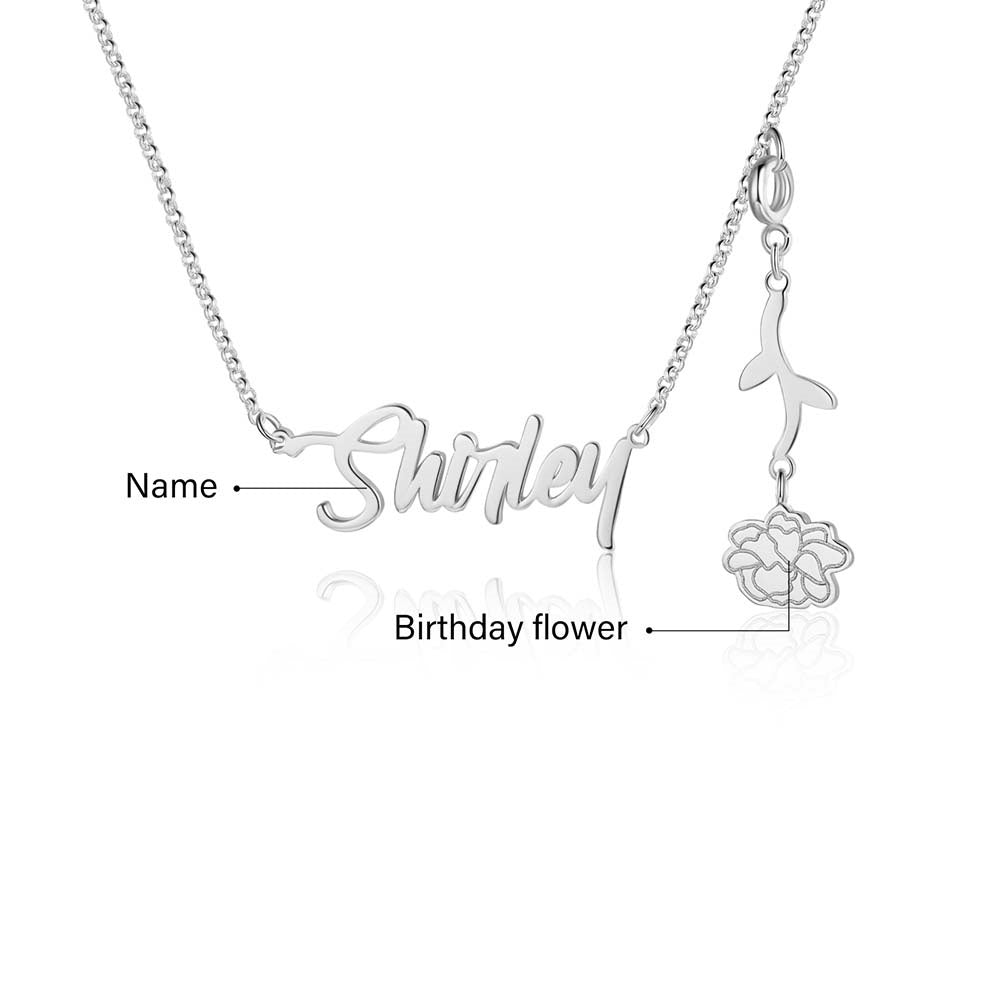 Cutout name necklace with birthflower design, gold, white gold, or rose gold plated, copper, 45+5cm, 4.5g.