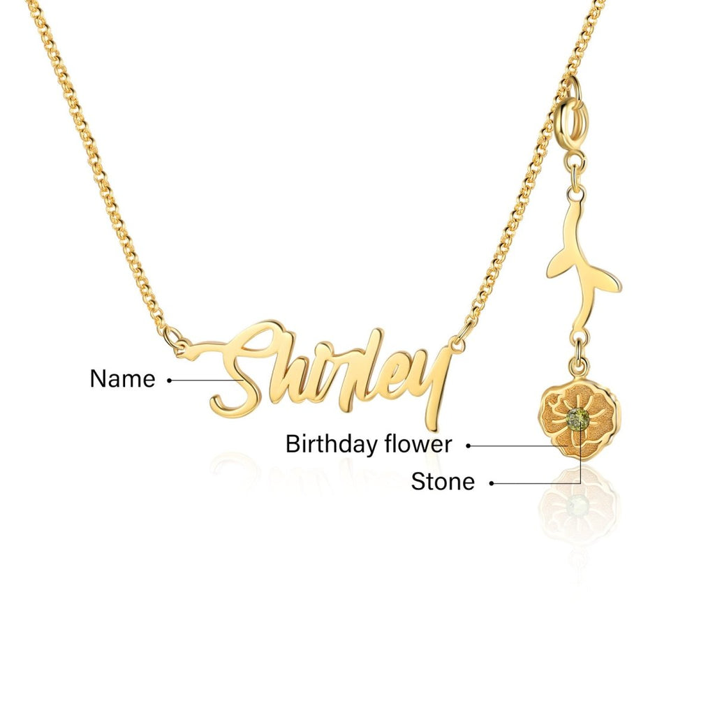 Cutout name necklace with birthflower design, gold, white gold, or rose gold plated, copper, 45+5cm, 4.5g.