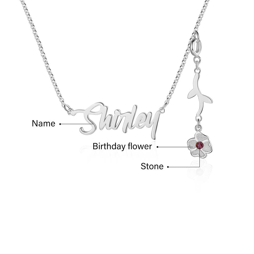 Cutout name necklace with birthflower design, gold, white gold, or rose gold plated, copper, 45+5cm, 4.5g.