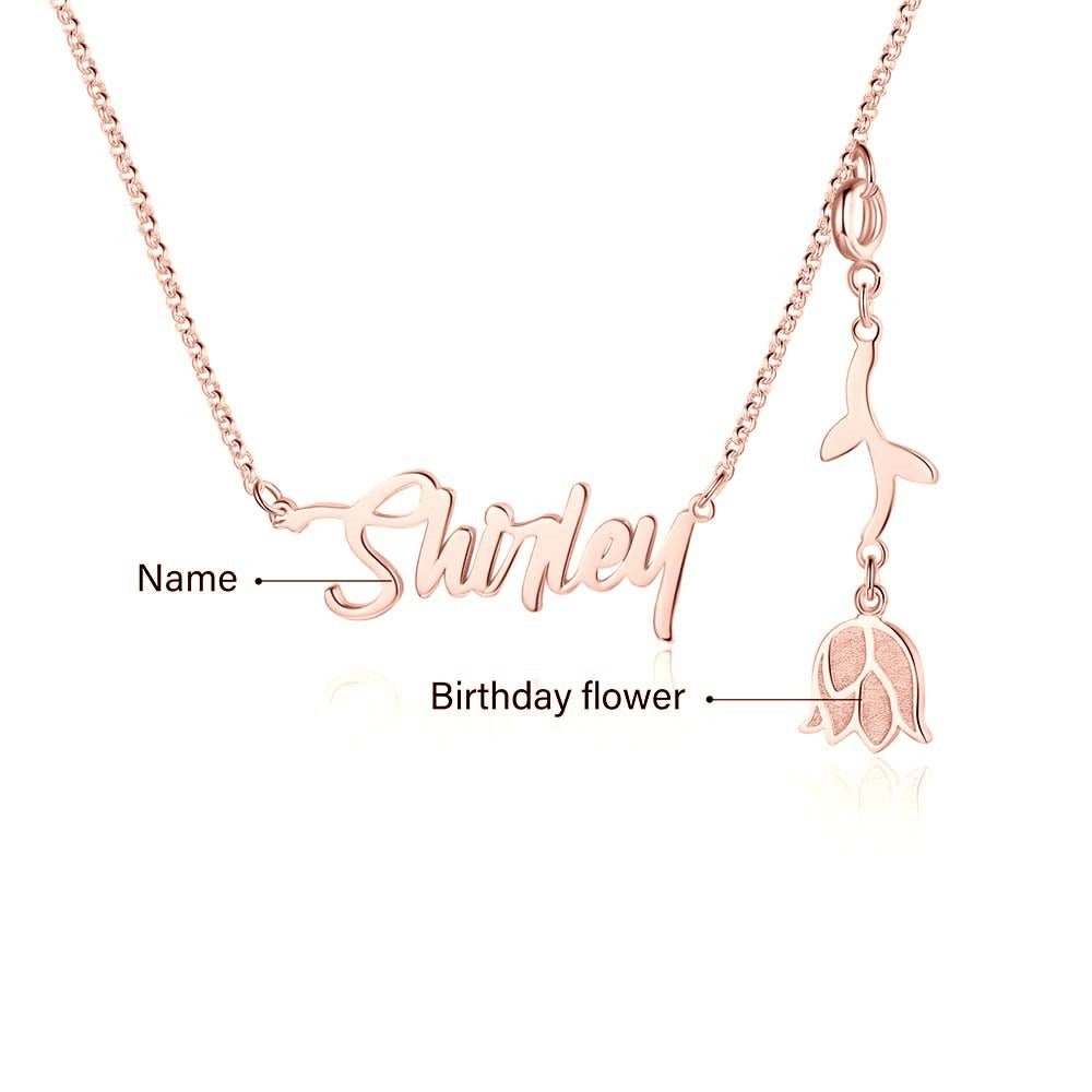 Cutout name necklace with birthflower design, gold, white gold, or rose gold plated, copper, 45+5cm, 4.5g.