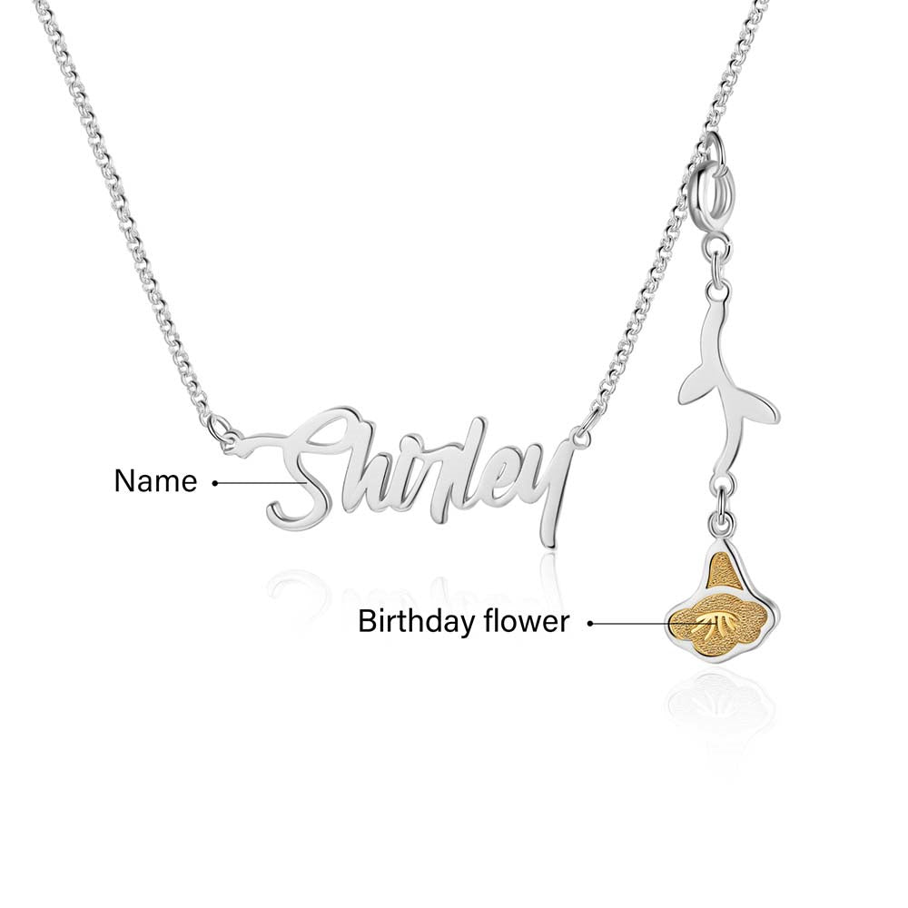 Cutout name necklace with birthflower design, gold, white gold, or rose gold plated, copper, 45+5cm, 4.5g.