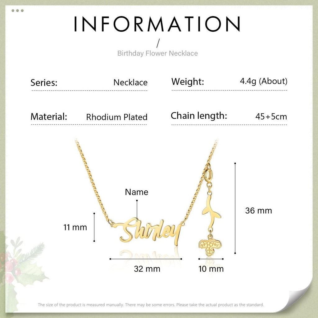 Cutout name necklace with birthflower design, gold, white gold, or rose gold plated, copper, 45+5cm, 4.5g.