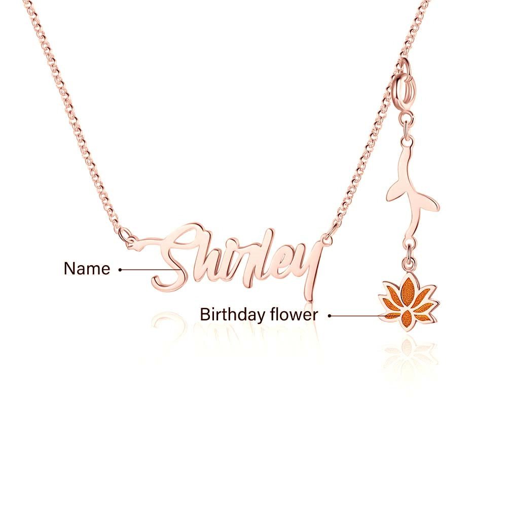 Cutout name necklace with birthflower design, gold, white gold, or rose gold plated, copper, 45+5cm, 4.5g.