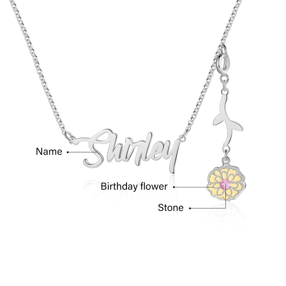 Cutout name necklace with birthflower design, gold, white gold, or rose gold plated, copper, 45+5cm, 4.5g.