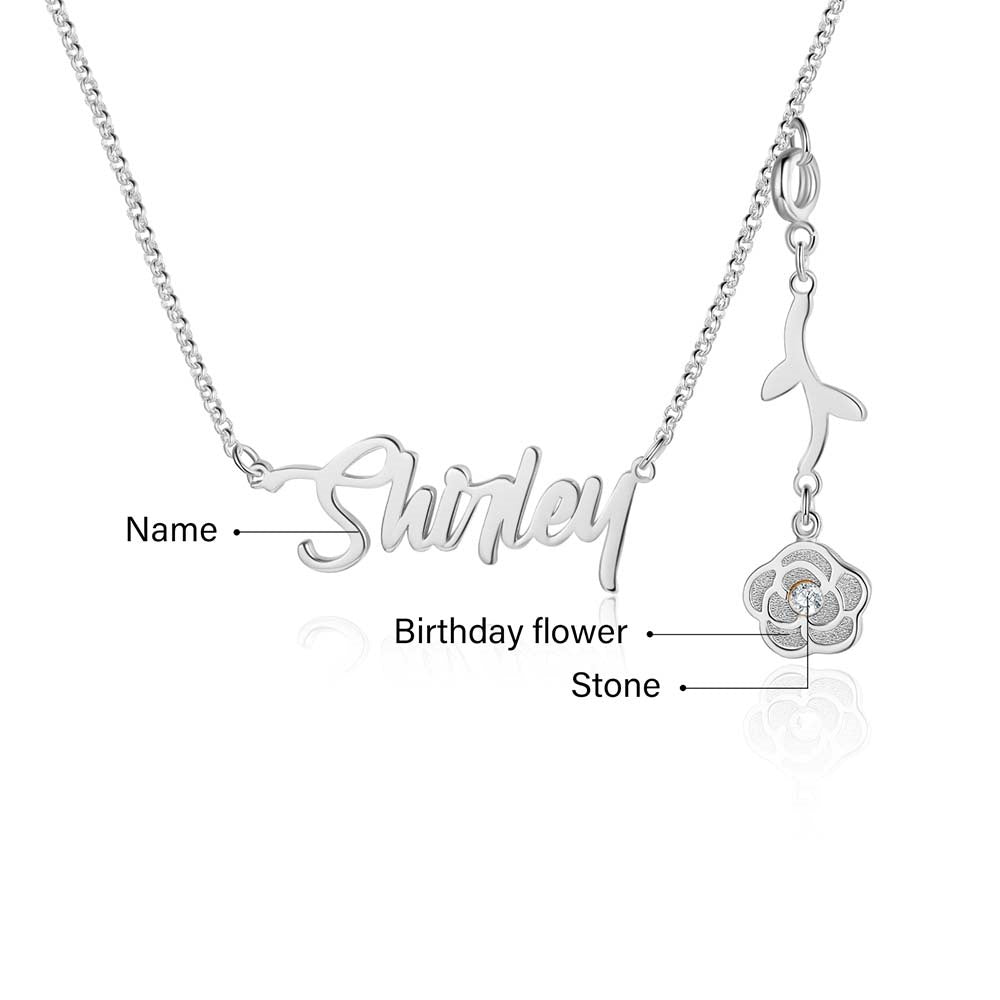 Cutout name necklace with birthflower design, gold, white gold, or rose gold plated, copper, 45+5cm, 4.5g.