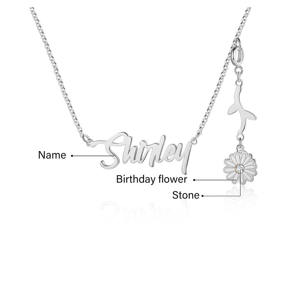 Cutout name necklace with birthflower design, gold, white gold, or rose gold plated, copper, 45+5cm, 4.5g.