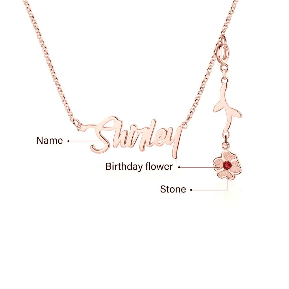 Cutout name necklace with birthflower design, gold, white gold, or rose gold plated, copper, 45+5cm, 4.5g.
