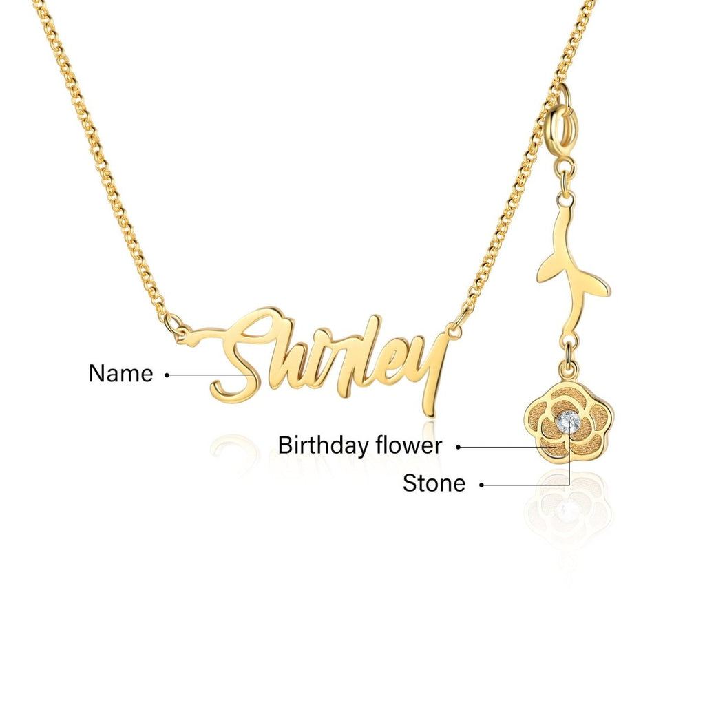 Cutout name necklace with birthflower design, gold, white gold, or rose gold plated, copper, 45+5cm, 4.5g.