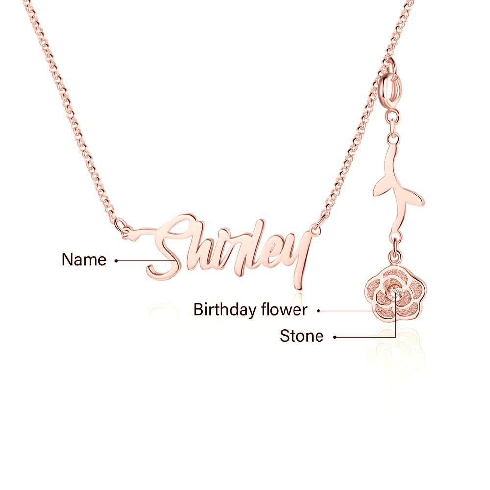 Cutout name necklace with birthflower design, gold, white gold, or rose gold plated, copper, 45+5cm, 4.5g.
