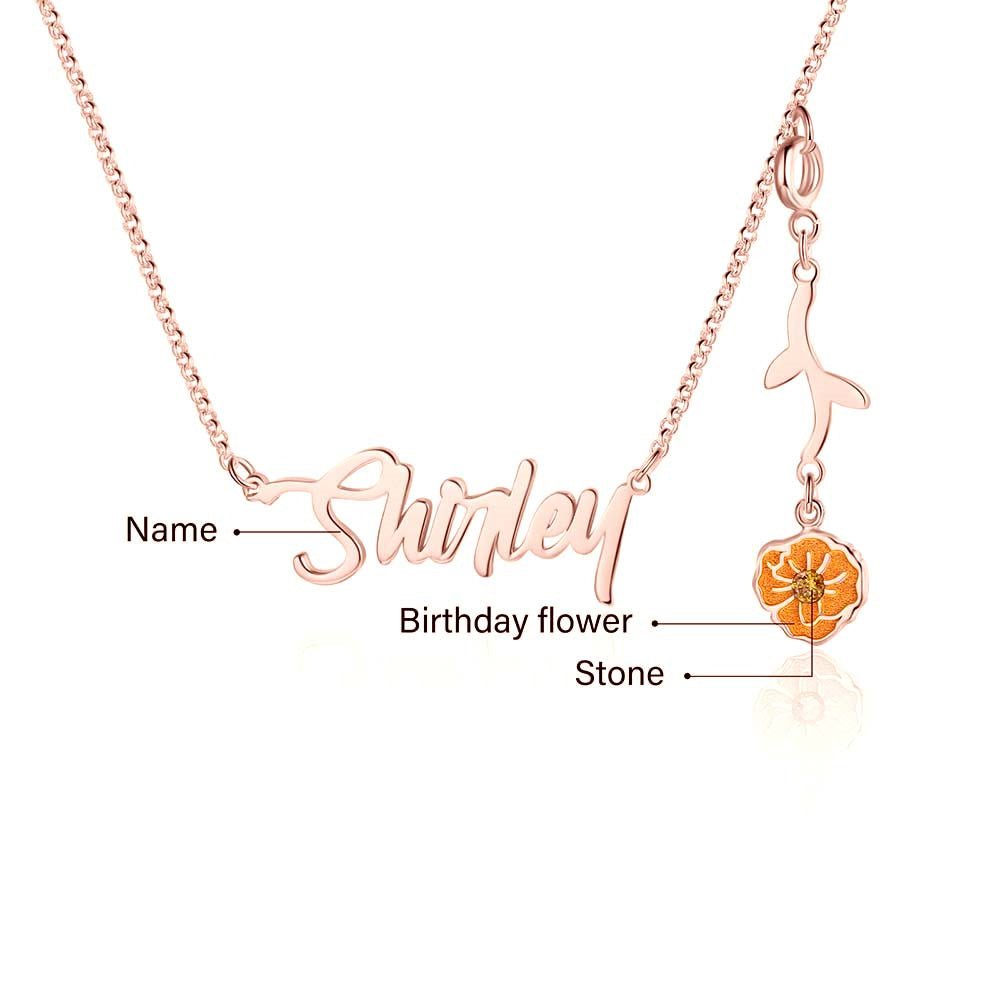 Cutout name necklace with birthflower design, gold, white gold, or rose gold plated, copper, 45+5cm, 4.5g.