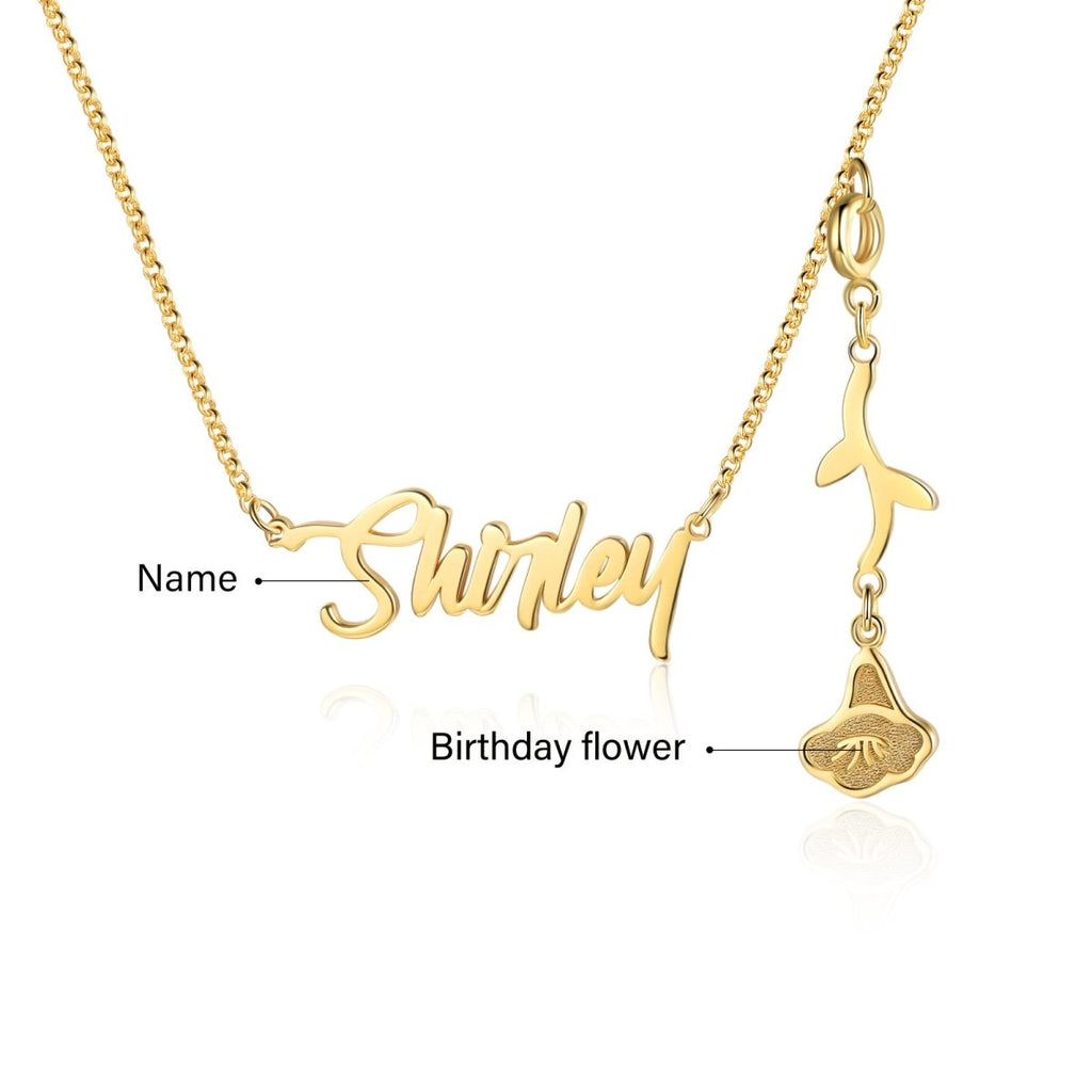 Cutout name necklace with birthflower design, gold, white gold, or rose gold plated, copper, 45+5cm, 4.5g.