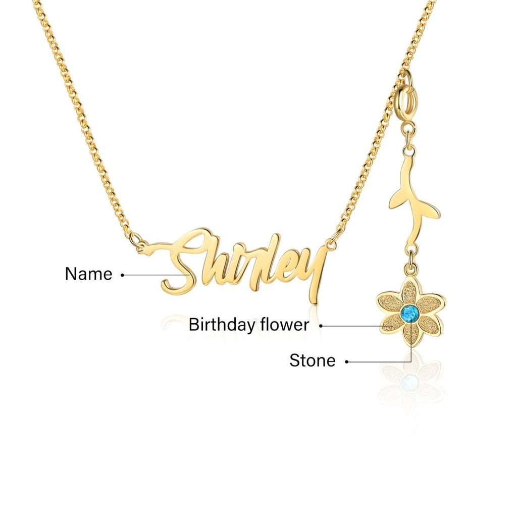 Cutout name necklace with birthflower design, gold, white gold, or rose gold plated, copper, 45+5cm, 4.5g.