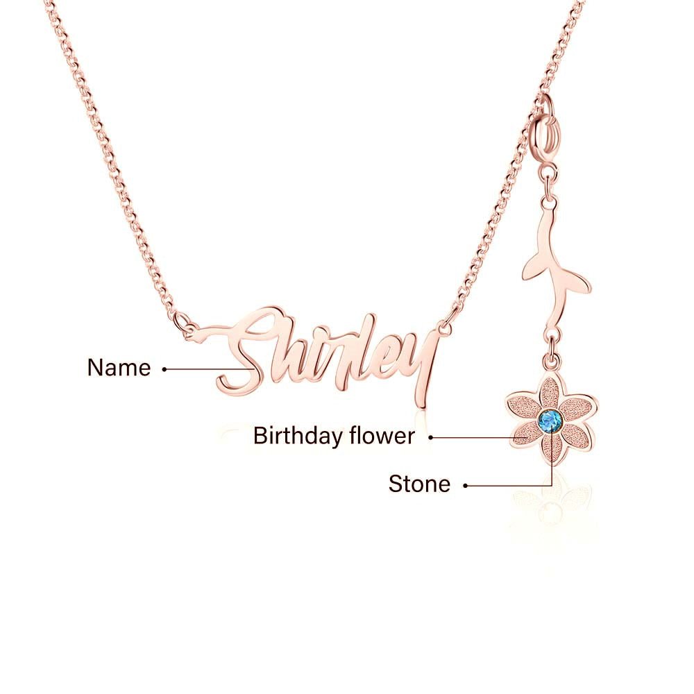 Cutout name necklace with birthflower design, gold, white gold, or rose gold plated, copper, 45+5cm, 4.5g.