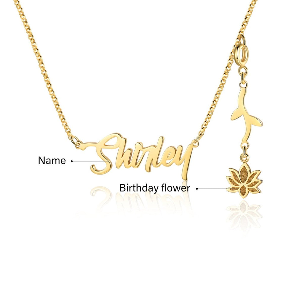 Cutout name necklace with birthflower design, gold, white gold, or rose gold plated, copper, 45+5cm, 4.5g.