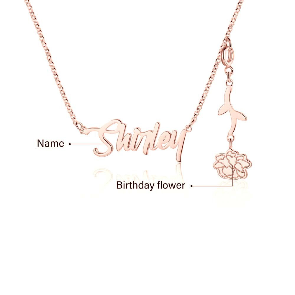 Cutout name necklace with birthflower design, gold, white gold, or rose gold plated, copper, 45+5cm, 4.5g.