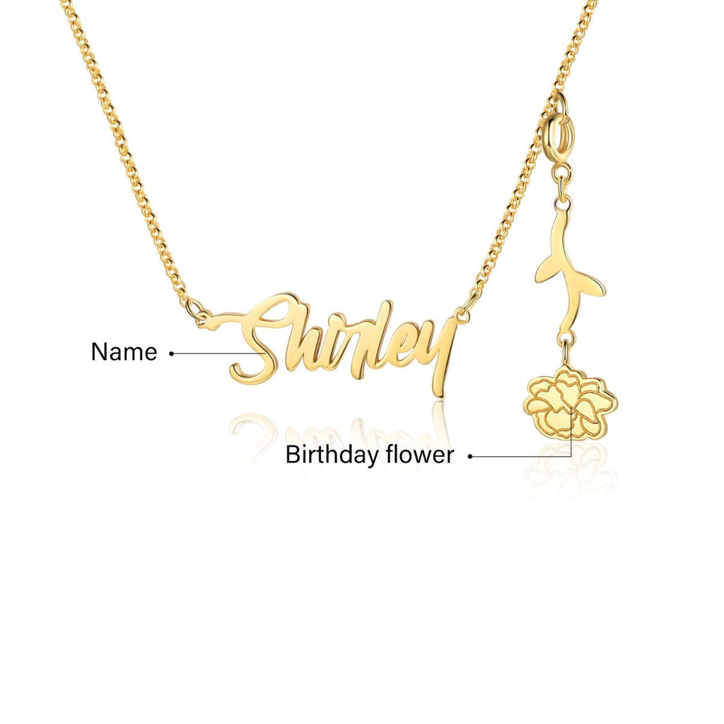 Cutout name necklace with birthflower design, gold, white gold, or rose gold plated, copper, 45+5cm, 4.5g.