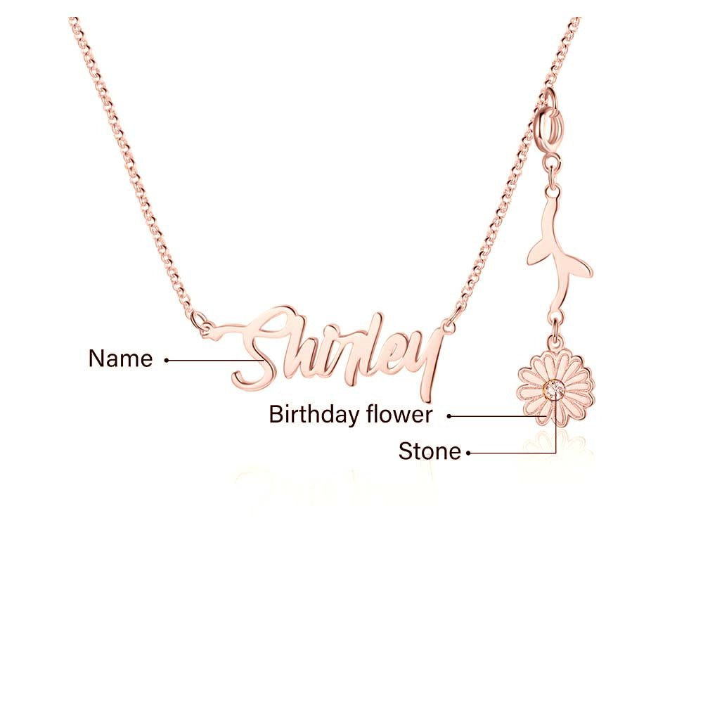 Cutout name necklace with birthflower design, gold, white gold, or rose gold plated, copper, 45+5cm, 4.5g.