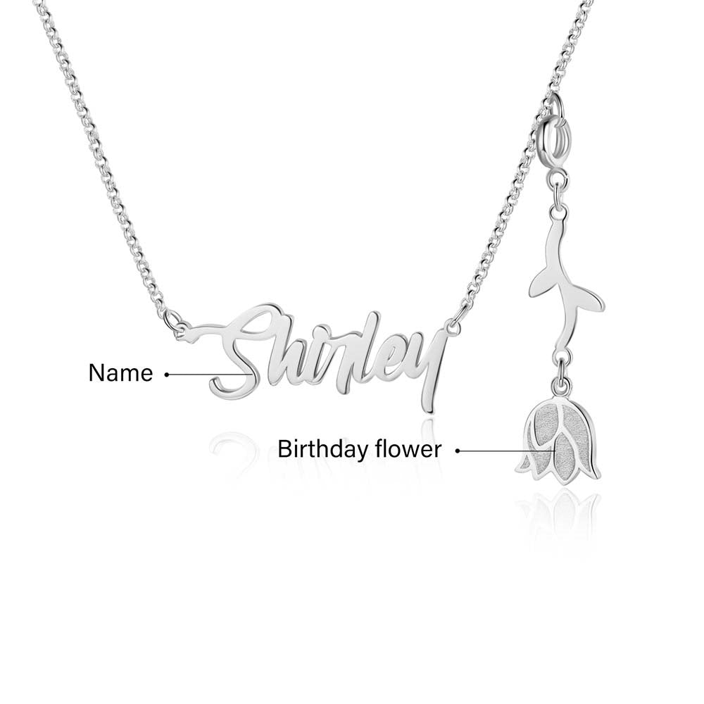 Cutout name necklace with birthflower design, gold, white gold, or rose gold plated, copper, 45+5cm, 4.5g.