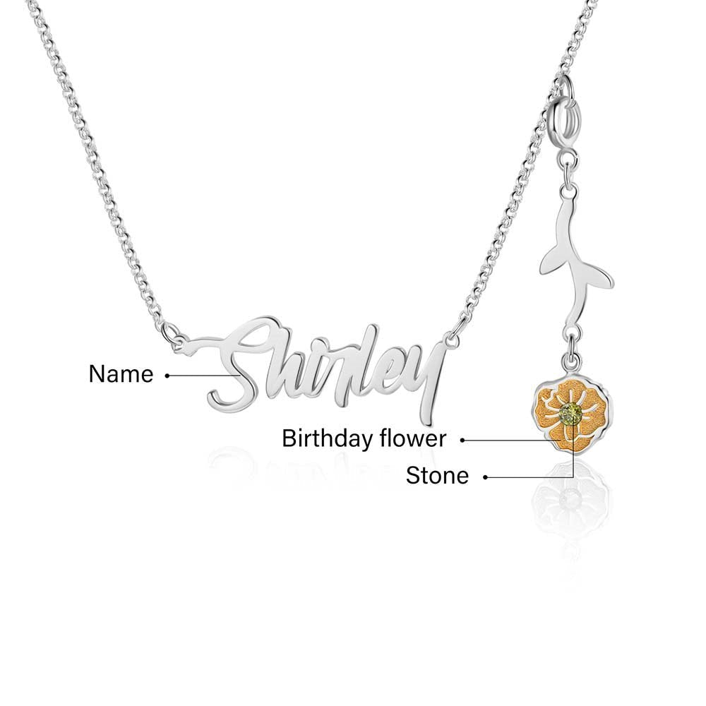 Cutout name necklace with birthflower design, gold, white gold, or rose gold plated, copper, 45+5cm, 4.5g.