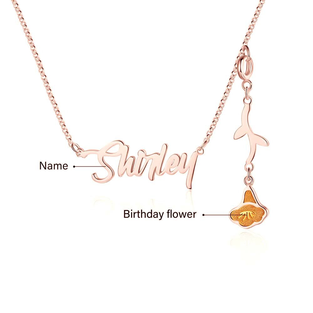 Cutout name necklace with birthflower design, gold, white gold, or rose gold plated, copper, 45+5cm, 4.5g.