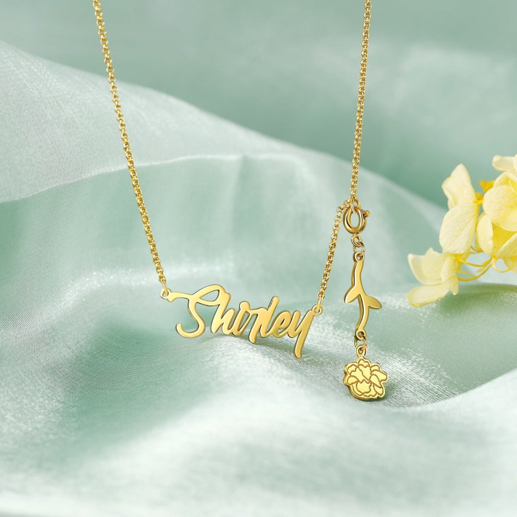Cutout name necklace with birthflower design, gold, white gold, or rose gold plated, copper, 45+5cm, 4.5g.